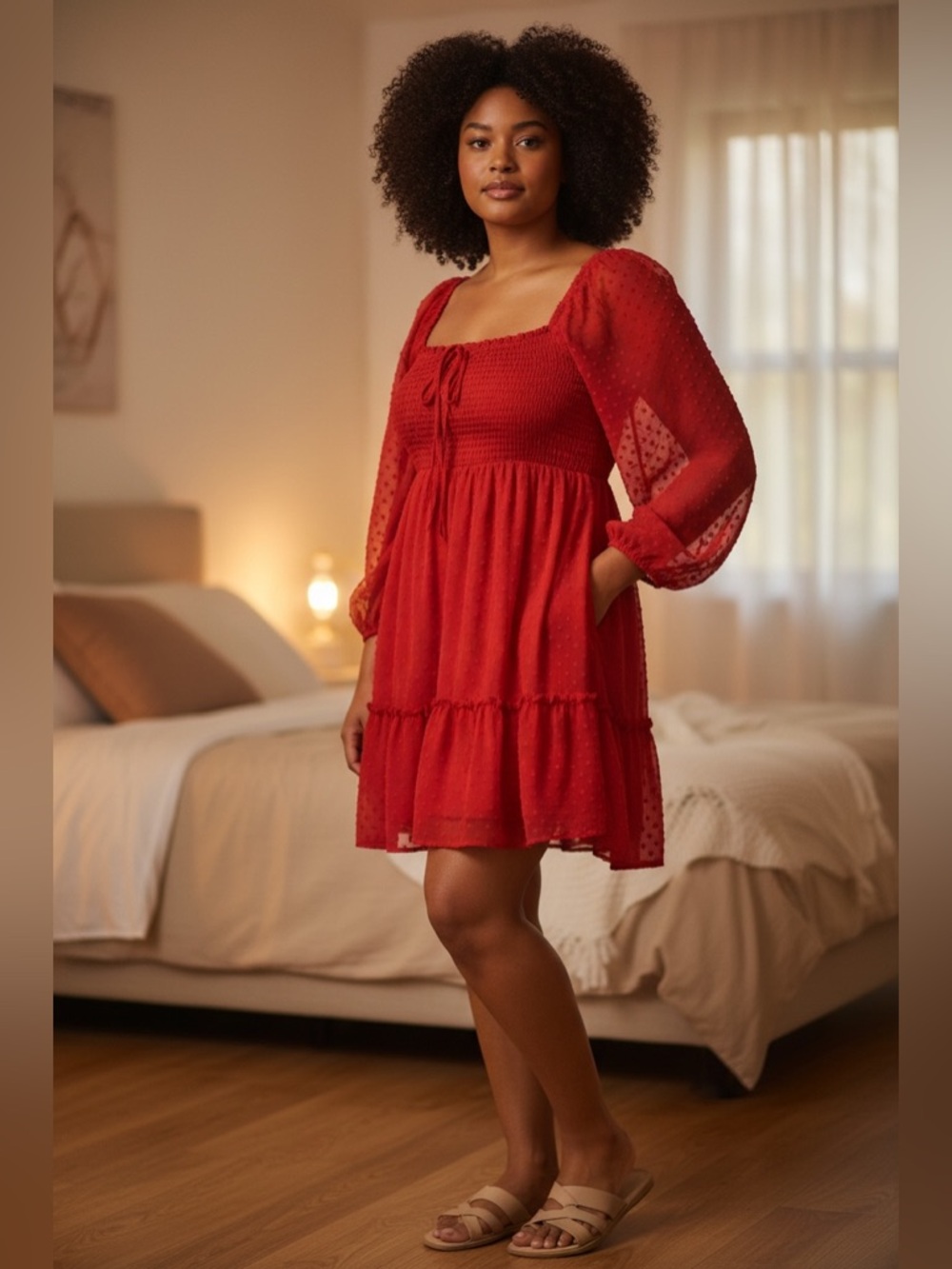 Polka Dot Sheer Sleeve Red Mini Dress Plus 3X